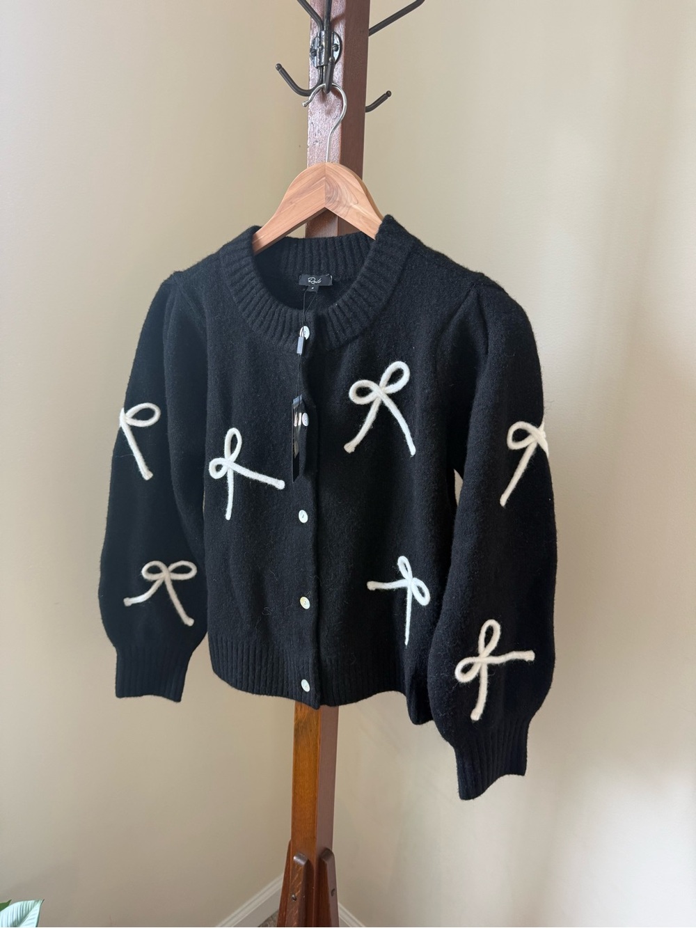 Rails Black Cardigan Sweater with Cream Bow Appliqués